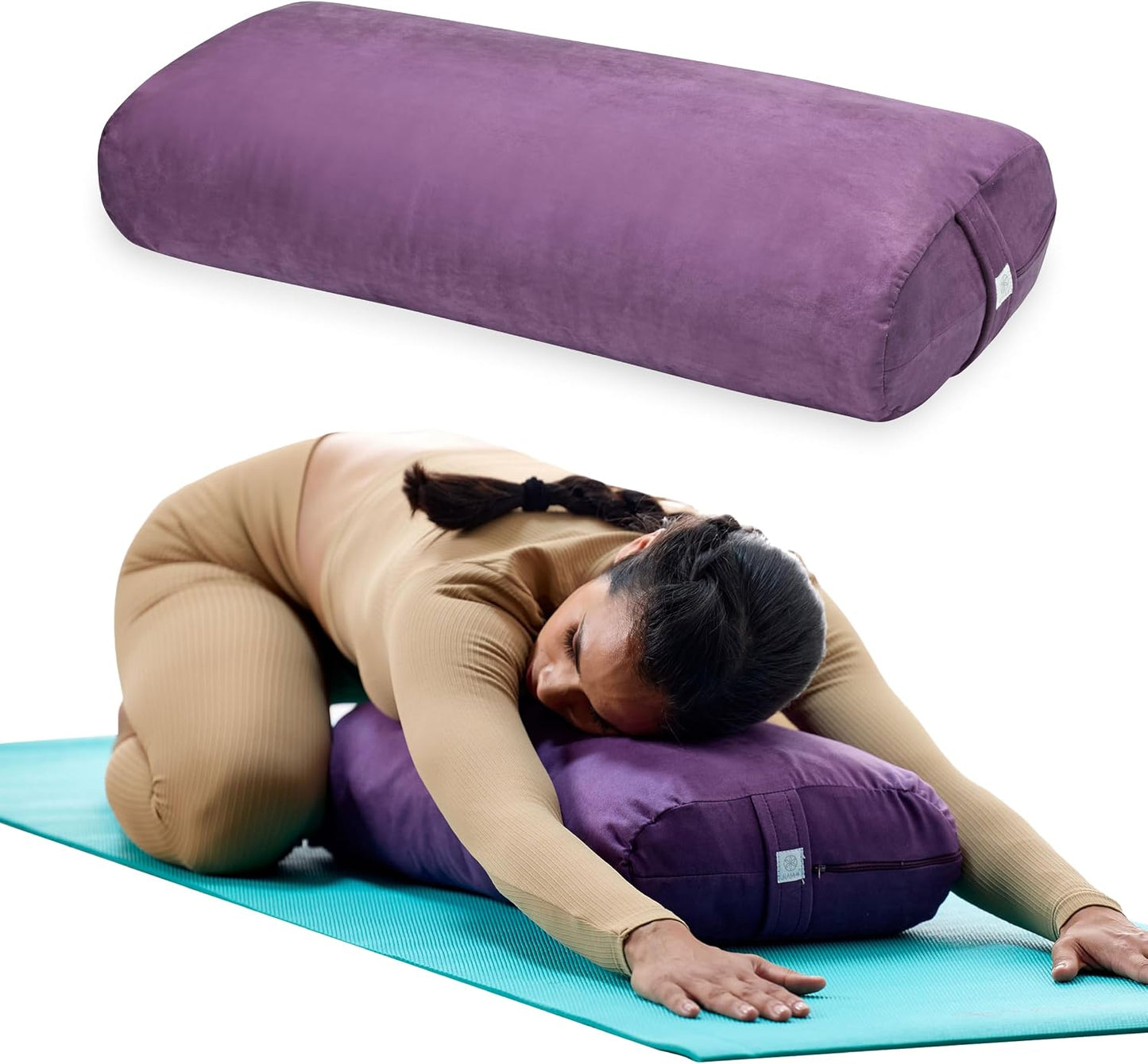 Gaiam Yoga Bolster Pillow, Supportive Cushion for Restorative Yoga | Firm cotton-filled bolster supports stretching & restorative poses. Carry handle, washable cover, yoga prop.